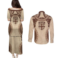 Bula Fiji Day 55th Anniversary Masi Tapa Couples Matching Puletasi and Long Sleeve Button Shirt Emerald Jubilee - Beige - Polynesian Pride