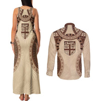 Bula Fiji Day 55th Anniversary Masi Tapa Couples Matching Tank Maxi Dress and Long Sleeve Button Shirt Emerald Jubilee - Beige - Polynesian Pride