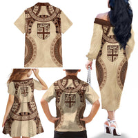 Bula Fiji Day 55th Anniversary Masi Tapa Family Matching Off The Shoulder Long Sleeve Dress and Hawaiian Shirt Emerald Jubilee - Beige - Polynesian Pride