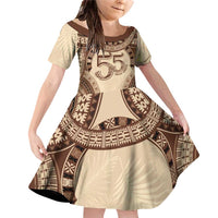 Bula Fiji Day 55th Anniversary Masi Tapa Family Matching Off Shoulder Short Dress and Hawaiian Shirt Emerald Jubilee - Beige - Polynesian Pride