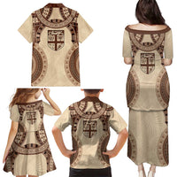 Bula Fiji Day 55th Anniversary Masi Tapa Family Matching Puletasi and Hawaiian Shirt Emerald Jubilee - Beige - Polynesian Pride