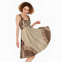 Bula Fiji Day 55th Anniversary Masi Tapa Midi Dress Emerald Jubilee - Beige - Polynesian Pride