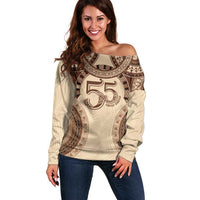 Bula Fiji Day 55th Anniversary Masi Tapa Off Shoulder Sweater Emerald Jubilee - Beige - Polynesian Pride
