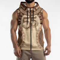 Bula Fiji Day 55th Anniversary Masi Tapa Sleeveless Zip Hoodie Emerald Jubilee - Beige LT7 - Polynesian Pride
