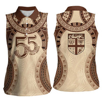 Bula Fiji Day 55th Anniversary Masi Tapa Women Sleeveless Polo Shirt Emerald Jubilee - Beige - Polynesian Pride