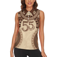 Bula Fiji Day 55th Anniversary Masi Tapa Women Sleeveless Polo Shirt Emerald Jubilee - Beige - Polynesian Pride