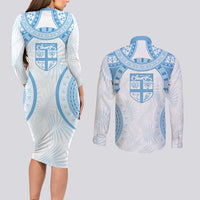 Bula Fiji Day 55th Anniversary Masi Tapa Couples Matching Long Sleeve Bodycon Dress and Long Sleeve Button Shirt Emerald Jubilee - Turquoise - Polynesian Pride