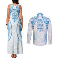 Bula Fiji Day 55th Anniversary Masi Tapa Couples Matching Tank Maxi Dress and Long Sleeve Button Shirt Emerald Jubilee - Turquoise - Polynesian Pride