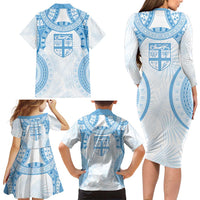 Bula Fiji Day 55th Anniversary Masi Tapa Family Matching Long Sleeve Bodycon Dress and Hawaiian Shirt Emerald Jubilee - Turquoise - Polynesian Pride