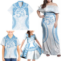 Bula Fiji Day 55th Anniversary Masi Tapa Family Matching Off Shoulder Maxi Dress and Hawaiian Shirt Emerald Jubilee - Turquoise - Polynesian Pride