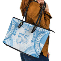 Bula Fiji Day 55th Anniversary Masi Tapa Leather Tote Bag Emerald Jubilee - Turquoise - Polynesian Pride