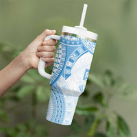 Bula Fiji Day 55th Anniversary Masi Tapa Tumbler With Handle Emerald Jubilee - Turquoise - Polynesian Pride