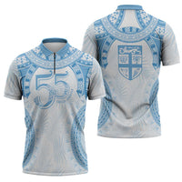 Bula Fiji Day 55th Anniversary Masi Tapa Zipper Polo Shirt Emerald Jubilee - Turquoise - Polynesian Pride