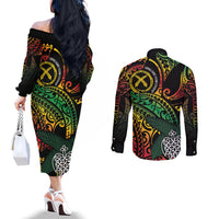 Vanuatu Indipendens Dei Couples Matching Off The Shoulder Long Sleeve Dress and Long Sleeve Button Shirt Mix Traditional Sand Drawing LT7 - Polynesian Pride