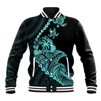 Personalised Guam Baseball Jacket Tribal Turtles Curves Style - Turquoise LT7 Unisex Turquoise - Polynesian Pride