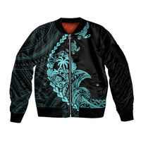 Personalised Guam Sleeve Zip Bomber Jacket Tribal Turtles Curves Style - Turquoise LT7 Unisex Turquoise - Polynesian Pride