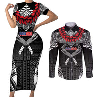 Personalized Talofa Samoa Couples Matching Short Sleeve Bodycon Dress and Long Sleeve Button Shirt Ulafala With Toa Nifo'oti - Black