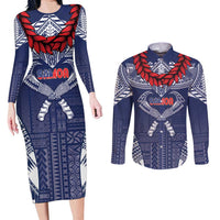 Personalized Talofa Samoa Couples Matching Long Sleeve Bodycon Dress and Long Sleeve Button Shirt Ulafala With Toa Nifo'oti - Blue