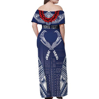 Personalized Talofa Samoa Family Matching Off Shoulder Maxi Dress and Hawaiian Shirt Ulafala With Toa Nifo'oti - Blue LT7 - Polynesian Pride