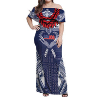 Personalized Talofa Samoa Off Shoulder Maxi Dress Ulafala With Toa Nifo'oti - Blue LT7 Women Blue - Polynesian Pride