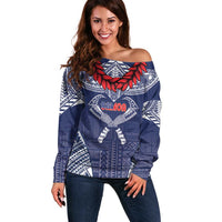 Personalized Talofa Samoa Off Shoulder Sweater Ulafala With Toa Nifo'oti - Blue LT7 Women Blue - Polynesian Pride