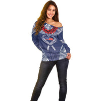 Personalized Talofa Samoa Off Shoulder Sweater Ulafala With Toa Nifo'oti - Blue LT7 - Polynesian Pride