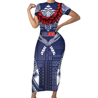Personalized Talofa Samoa Short Sleeve Bodycon Dress Ulafala With Toa Nifo'oti - Blue LT7 Long Dress Blue - Polynesian Pride