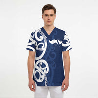 New Zealand Maori Mo Bros Scrub Top Blue Ribbon With Koru Kowhaiwhai - Polynesian Pride