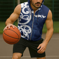 New Zealand Maori Mo Bros Sleeveless Zip Hoodie Blue Ribbon With Koru Kowhaiwhai - Polynesian Pride