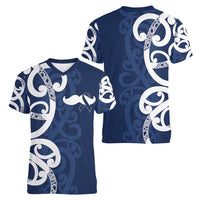 New Zealand Maori Mo Bros Women V-Neck T-Shirt Blue Ribbon With Koru Kowhaiwhai - Polynesian Pride
