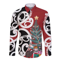 New Zealand Silver Fern Christmas Tree Long Sleeve Button Shirt Meri Kirihimete LT7 Unisex Red - Polynesian Pride
