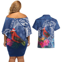 Personalized Samoa Christmas Couples Matching Off Shoulder Short Dress and Hawaiian Shirt Cardinal Honeyeater Mix Siapo