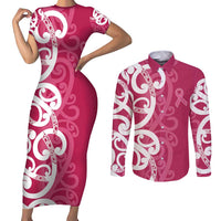 Breast Cancer Awareness Maori Couples Matching Short Sleeve Bodycon Dress and Long Sleeve Button Shirt Koru Kowhaiwhai - Polynesian Pride