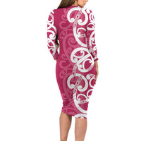 Breast Cancer Awareness Maori Family Matching Long Sleeve Bodycon Dress and Hawaiian Shirt Koru Kowhaiwhai - Polynesian Pride