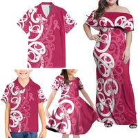 Breast Cancer Awareness Maori Family Matching Off Shoulder Maxi Dress and Hawaiian Shirt Koru Kowhaiwhai - Polynesian Pride