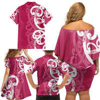 Breast Cancer Awareness Maori Family Matching Off Shoulder Short Dress and Hawaiian Shirt Koru Kowhaiwhai - Polynesian Pride