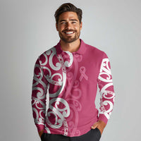 Breast Cancer Awareness Maori Long Sleeve Polo Shirt Koru Kowhaiwhai - Polynesian Pride
