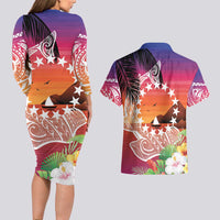 Kia Orana Cook Islands Couples Matching Long Sleeve Bodycon Dress and Hawaiian Shirt Sunset Dream LT7 - Polynesian Pride