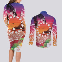 Kia Orana Cook Islands Couples Matching Long Sleeve Bodycon Dress and Long Sleeve Button Shirt Sunset Dream LT7 - Polynesian Pride