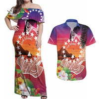 Kia Orana Cook Islands Couples Matching Off Shoulder Maxi Dress and Hawaiian Shirt Sunset Dream LT7 Art - Polynesian Pride