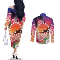 Kia Orana Cook Islands Couples Matching Off The Shoulder Long Sleeve Dress and Long Sleeve Button Shirt Sunset Dream LT7 - Polynesian Pride