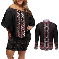 Maori Taniko Patterns Couples Matching Off Shoulder Short Dress and Long Sleeve Button Shirt Brown Niho Taniwha Mix Paatiki Motifs LT7 Brown - Polynesian Pride