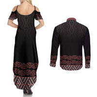Maori Taniko Patterns Couples Matching Summer Maxi Dress and Long Sleeve Button Shirt Brown Niho Taniwha Mix Paatiki Motifs LT7 - Polynesian Pride