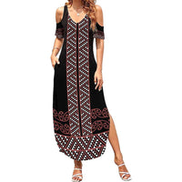 Maori Taniko Patterns Summer Maxi Dress Brown Niho Taniwha Mix Paatiki Motifs