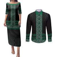 Maori Taniko Patterns Couples Matching Puletasi and Long Sleeve Button Shirt Pounamu Niho Taniwha Mix Paatiki Motifs LT7 Green - Polynesian Pride