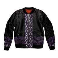 Maori Taniko Patterns Bomber Jacket Purple Niho Taniwha Mix Paatiki Motifs LT7 Unisex Purple - Polynesian Pride