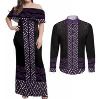 Maori Taniko Patterns Couples Matching Off Shoulder Maxi Dress and Long Sleeve Button Shirt Purple Niho Taniwha Mix Paatiki Motifs LT7 Purple - Polynesian Pride