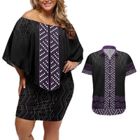 Maori Taniko Patterns Couples Matching Off Shoulder Short Dress and Hawaiian Shirt Purple Niho Taniwha Mix Paatiki Motifs LT7 Purple - Polynesian Pride