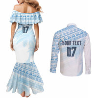 Fiji Rugby Custom Kaiviti Masi Couples Matching Mermaid Dress and Long Sleeve Button Shirt Turquoise - Polynesian Pride