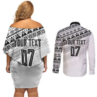 Fiji Rugby Custom Kaiviti Masi Couples Matching Off Shoulder Short Dress and Long Sleeve Button Shirt Black - Polynesian Pride